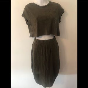 FP Beach Olive Set Crop Top/Skirt Ribbed Knit S/S Size S (S12)